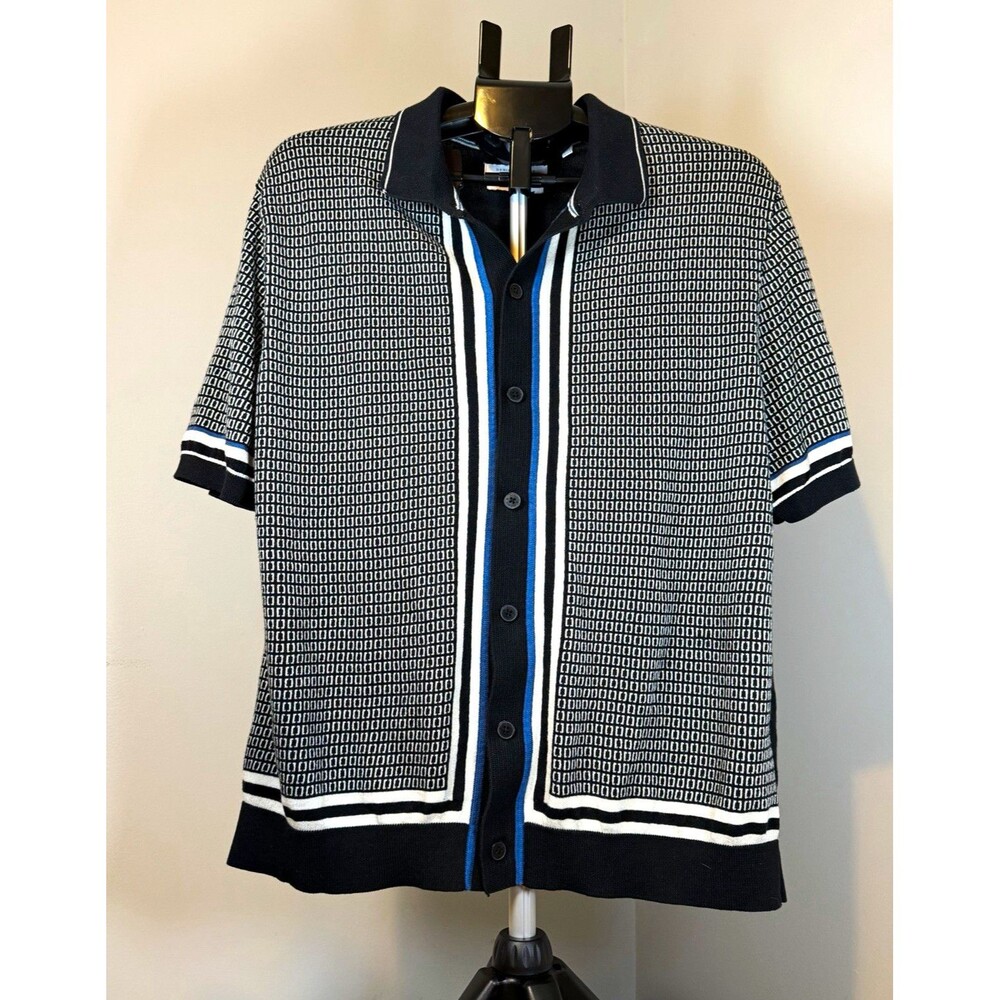 Denim & Flower Polo Men's XL Black White Blue Geometric Short Sleeve Knit